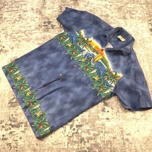 Vtg Hawaii Station Men S Blue Island Sailboat Graphic Hawaiian Shirt Tropical